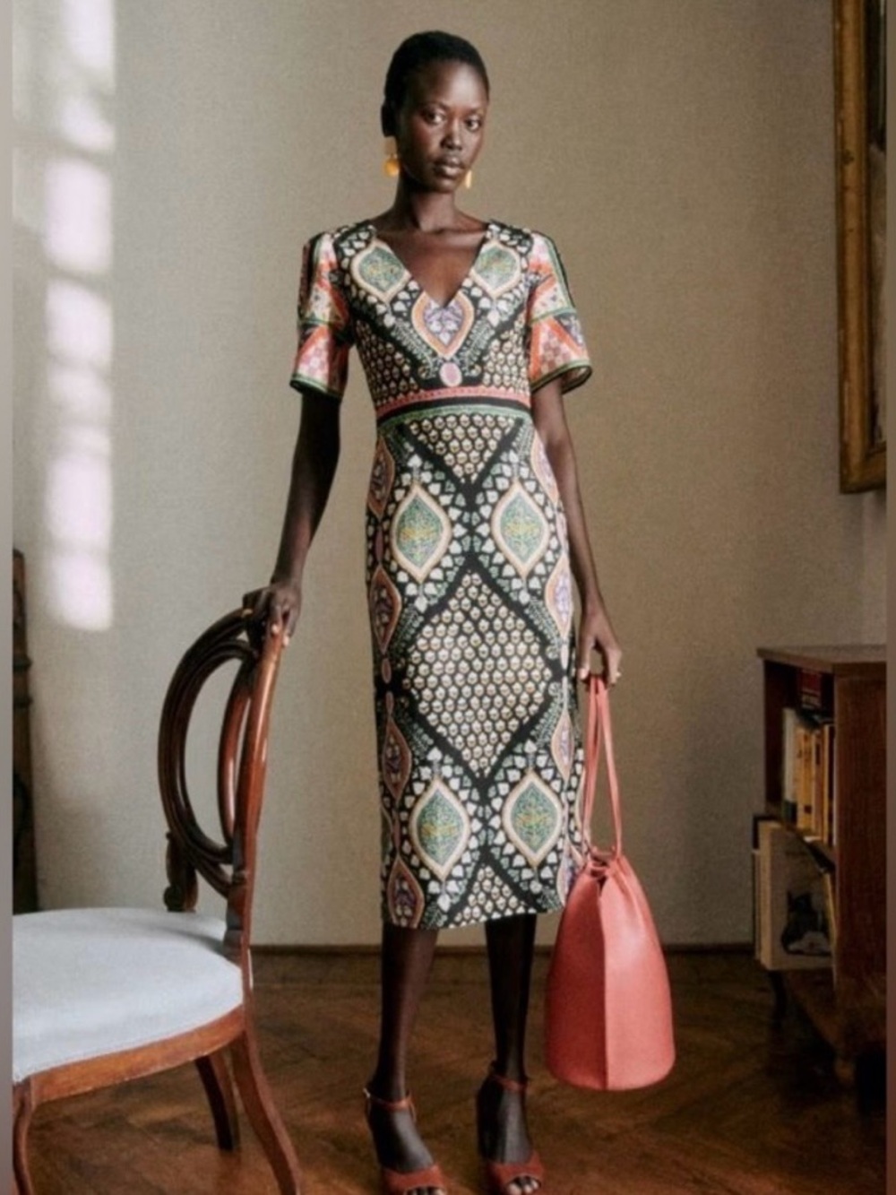 NWT Sezane printed V-Neck Midi Dress size fr 38/us 6